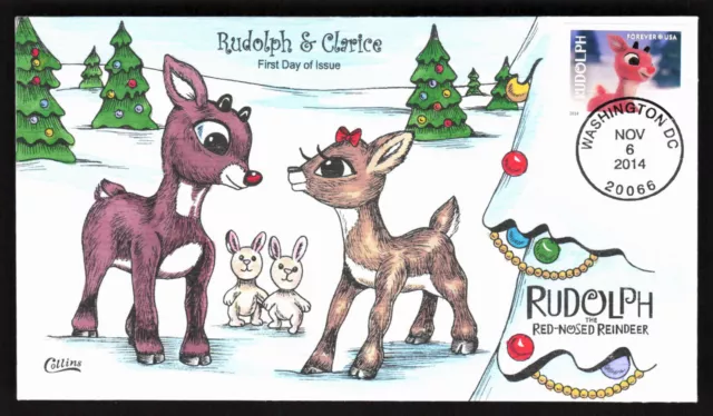 2014 Rudolph And Clarice Christmas Fdc Collins Hand Painted First Day Cover
