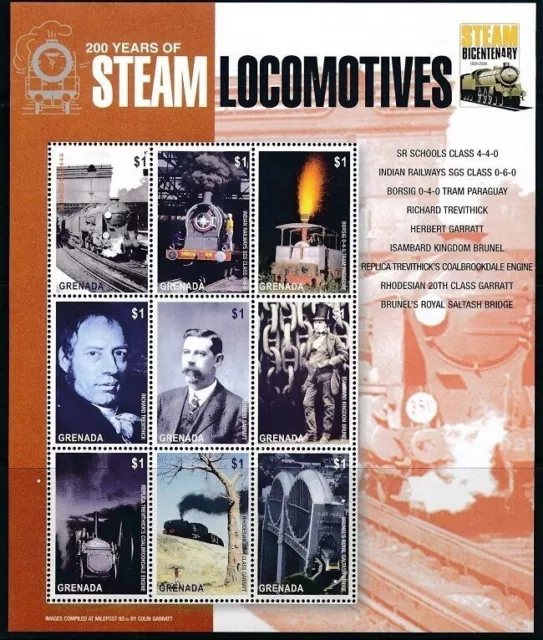 Railways, Trains, 200 yrs of Steam Locomotives, India, Grenada 2004 MNH 9v
