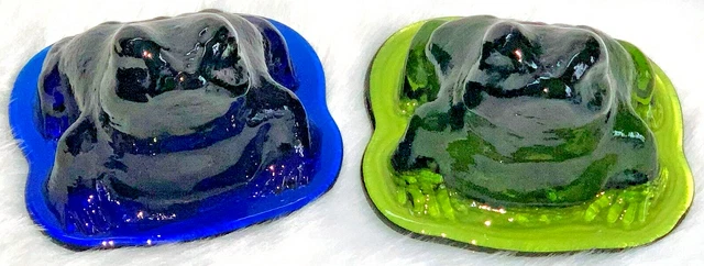PAIR MCM Lg Vintage Viking Art Glass Cobalt Blue & Evergreen Frog Paperweights