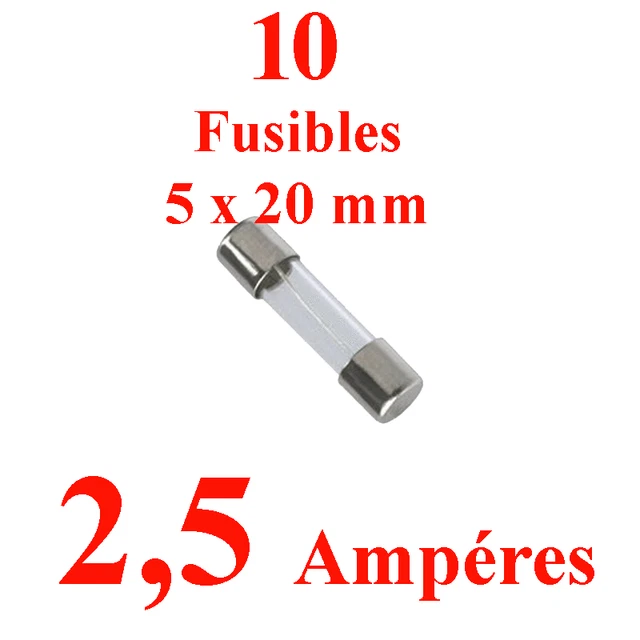 10 Fusibles en Verre 5 x 20 mm Puissance 2,5 Ampéres