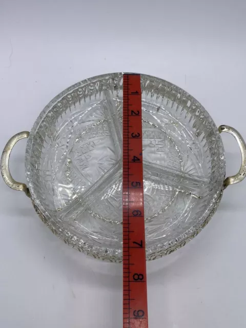 Lovely Vintage Silver Plated Three Section Clear Cut Glass Serving Platter Dish 2