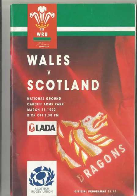 WALES v SCOTLAND 21st  MARCH 1992 RUGBY PROGRAMME