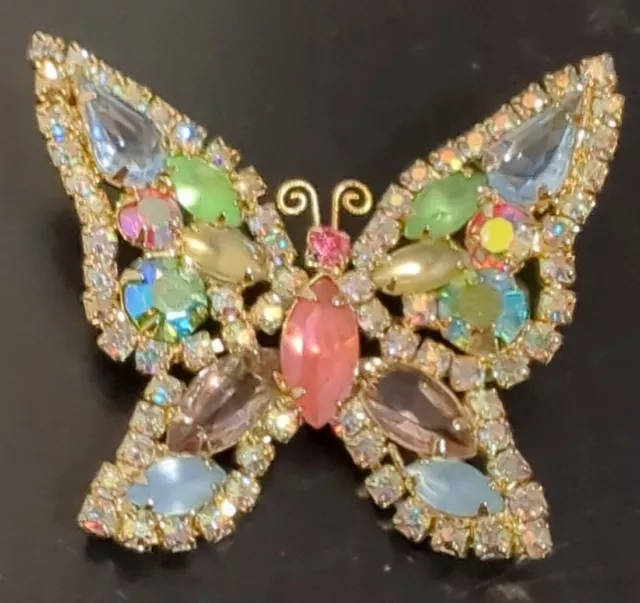 Weiss Vintage Signed Pastel Borealis Rhinestone Butterfly Pin/Brooch
