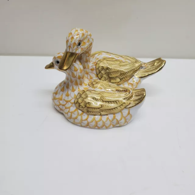 Herend Hand Painted Porcelain Ducks Pair 5036 - Gold, Yellow, White -Hungary