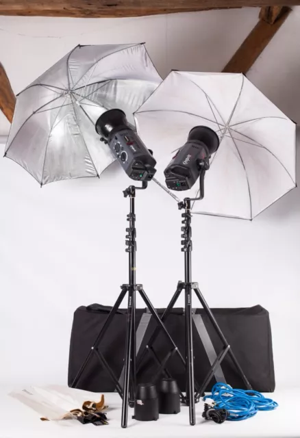 Bowens Esprit 500 Rojo - 2 Cabezales Conjunto de Flash + Soportes, 3 x Brollies, Estuche, Plomas