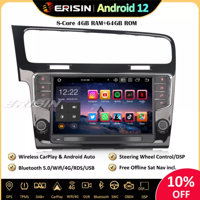 64GO Android 12.0 Autoradio GPS Navi TNT DAB+CarPlay Wifi DSP pour VW Golf VII/7 2