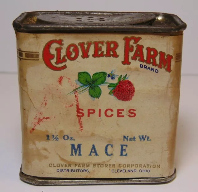 1930s MACE CLOVER FARM FLOWER BEE GRAPHIC SPICE TIN PAPER LABEL CLEVELAND OHIO