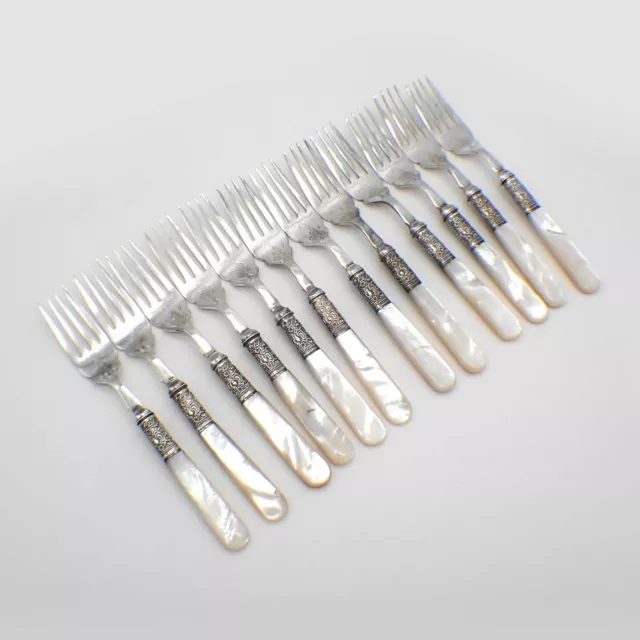 Mother of Pearl 12 Salad Fish Forks Set Silver Plated Tines Sterling Ferrules