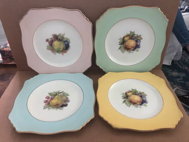 Gorgeous ROYAL WINTON GRIMWADES Square Fruit Plates 4pc pink yellow blue green 2