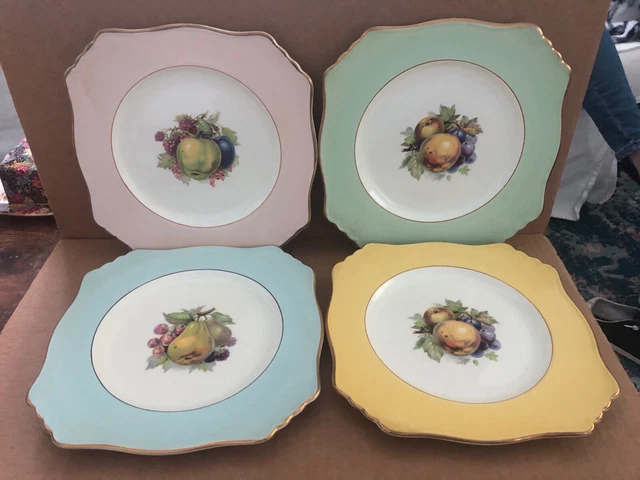 Gorgeous ROYAL WINTON GRIMWADES Square Fruit Plates 4pc pink yellow blue green 2