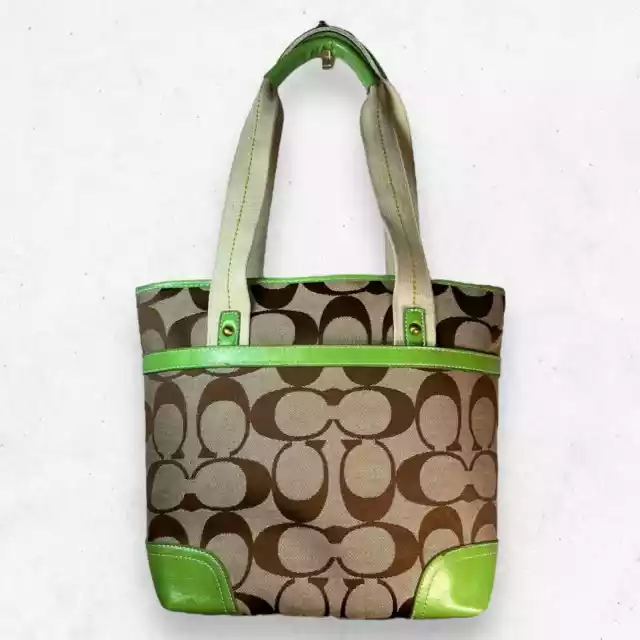 Tote Bag Shoulder Purse Brown with Monogram C Green Stripe Clean Interior 2