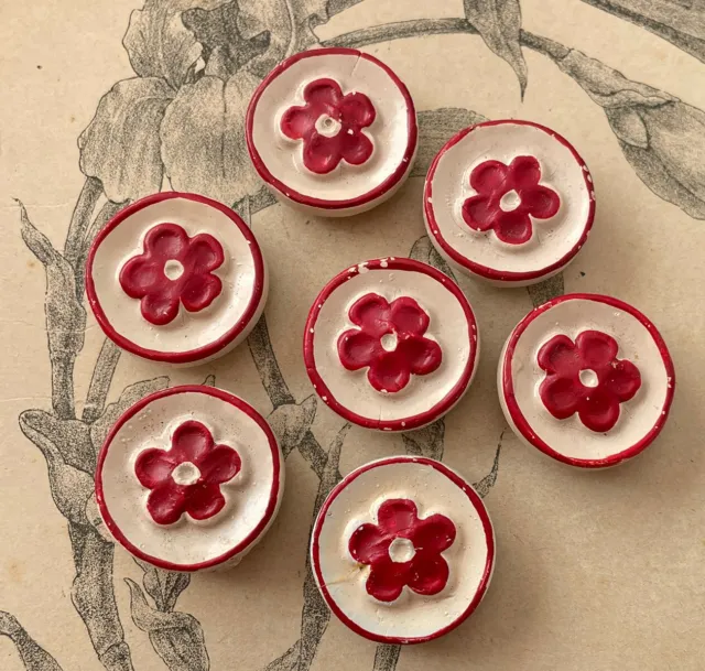 Ensemble de 7 boutons anciens en Céramique - Décor Marguerite - Fleurs - Rouge