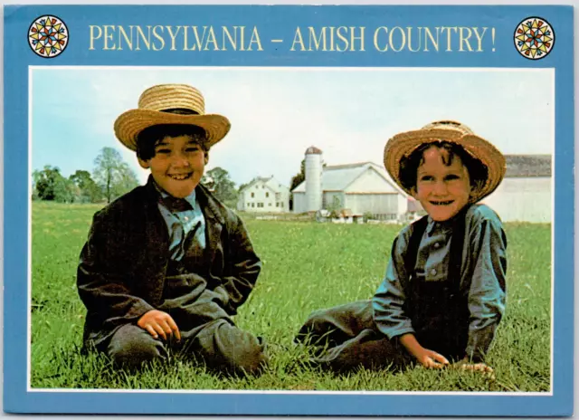 Pennsylvania Amish Country Two Boys Sit Meadow Recess School PA Vintage Postcard