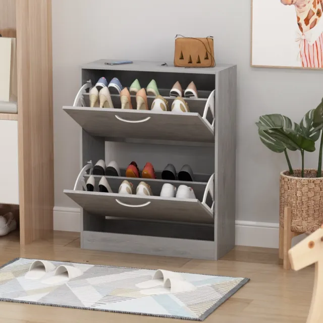Grey Wood 12-Pair Shoe Storage Cabinet w/ 2 Flip Drawers by Grey 22.4"L