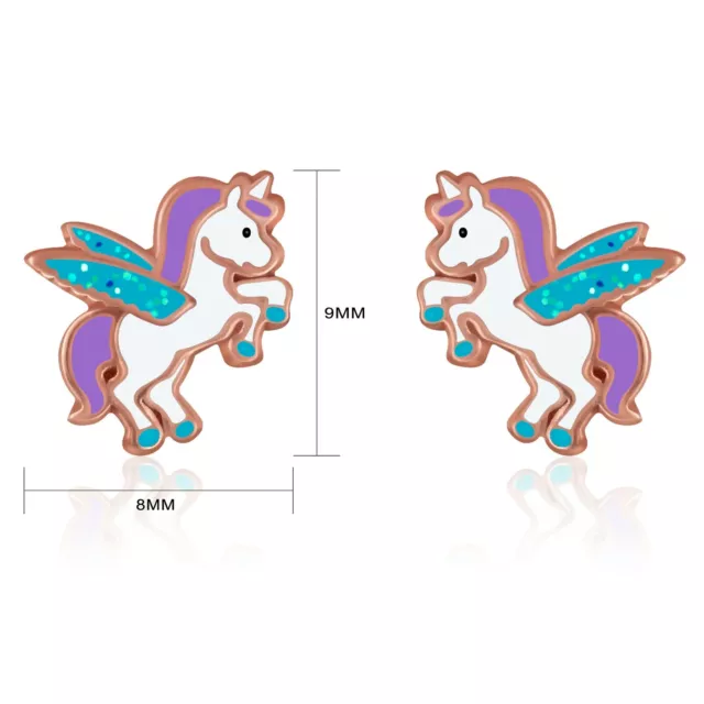 14K Rose Gold Plated Purple Glitter Flying Unicorn Enamel Stud Earrings Girls 2