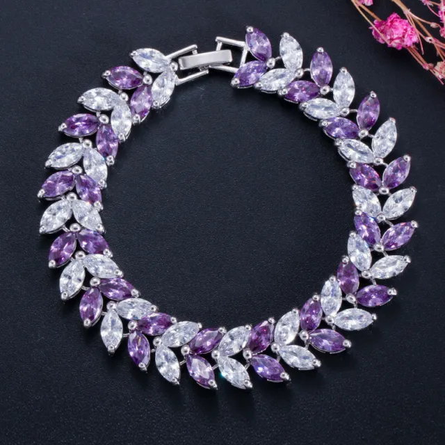 Multi Purple Amethyst White Topaz Gems Wheat 925 Sterling Silver Plated Bracelet