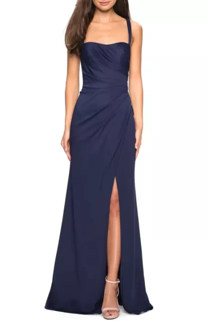 La Femme Navy Blue Ruched Jersey A-Line Criss Cross Back Gown Size 0 $348