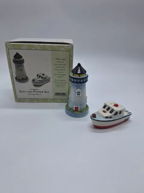 2014 Cape Shore Light House And Boat Ceramic Salt And Pepper Shakers Set #j1