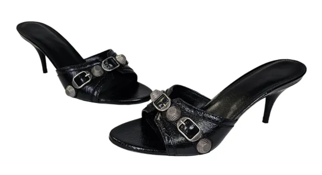 BALENCIAGA Cagole Black Leather Stud & Buckle Accent Slide Sandals 36/6 US $890