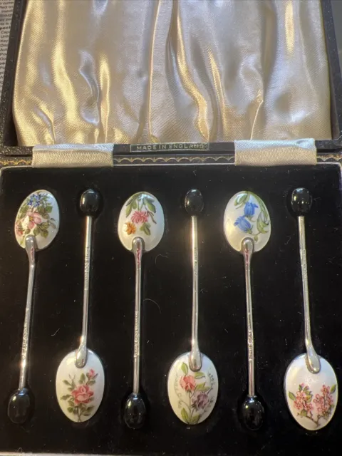 1957 Solid Silver Set 6 Floral Enamelled Coffee Bean Spoons Henry Clifford Davis
