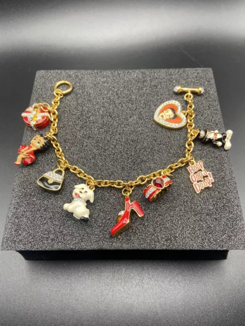 VTG Betty Boop Enamel Charm Bracelet KFS/FS Holiday Gift Shoe Cat Dog Purse 7.5”