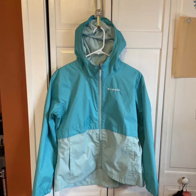 COLUMBIA Rain Jacket Girls Kids Aqua Blue Color Size XL (18/20) Nylon Poly