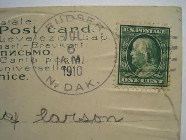 1910 Postmark Cancel, Rudser ND; Ghost Town; DPO Old Postcard; near Fortuna; #2