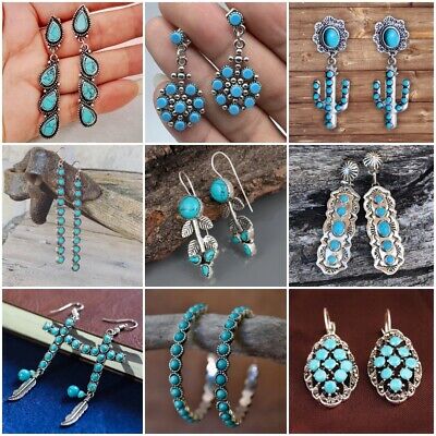 925 Silver Turquoise Zircon Ear Hook Drop Earrings Women Wedding Jewelry Gifts