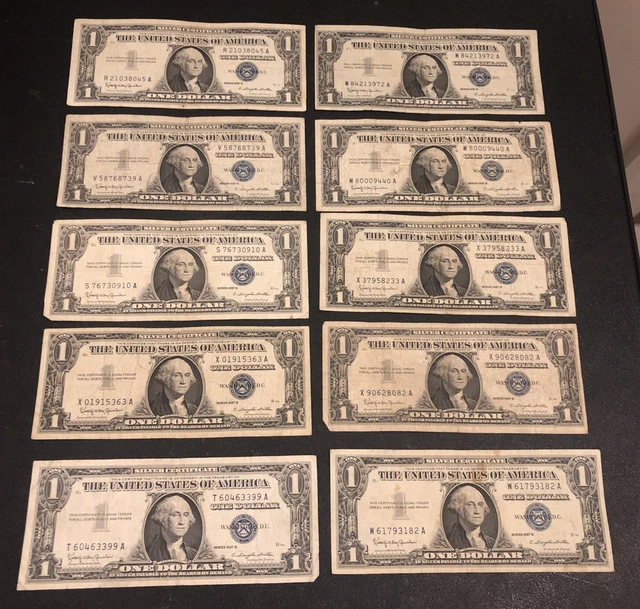 LOT of (10) 1957 B $1 SILVER CERTIFICATES BLUE SEAL ONE DOLLAR BILL NOTES