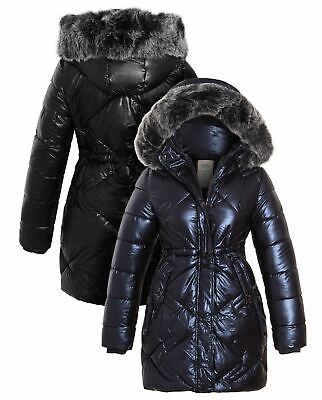 Girls Padded Parka Coat Ages 14 7 8 10 11 12 13 Years Jacket Faux Fur Black Navy