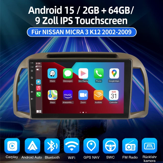 Autoradio Android 13 Per Nissan Micra K12 (2002-2009) - 9 Pollici, CarPlay Wireless, Android Auto, GPS, Telecamera Posteriore