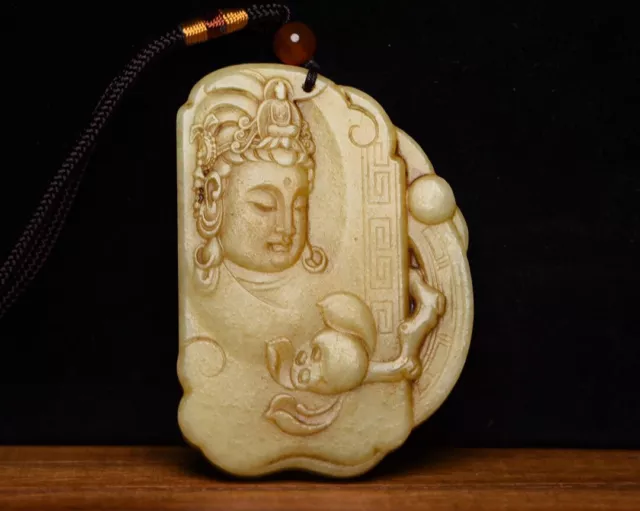 Collection Chinese Antique Hetian Jade Carved Kwan-yin Statue Pendant Jewelry