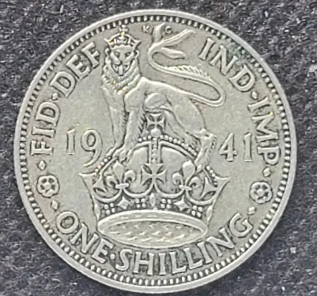 English 1941 Silver 1 Shilling Coin, KM #853, (Great Britain, UK)