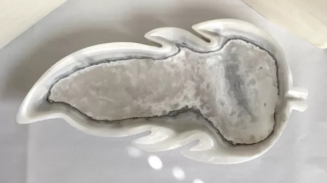White Translucent Alabaster Footed Leaf Dish. 15.5” Hand Carved Natural Stone