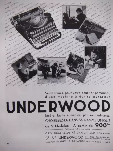 PUBLICITÉ 1935 UNDERWOOD MACHINE à ÉCRIRE PORTATIVE - ADVERTISING