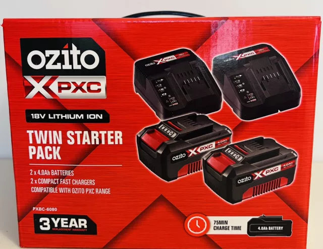 2x 4Ah OZITO PXC Power X Change 18V Li-ion Batteries & Twin Charger PXBC-6080
