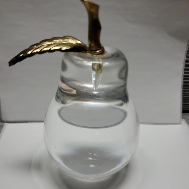 VINTAGE CLEAR GLASS Pear Shaped with Brass stem and leaf ornament/paper