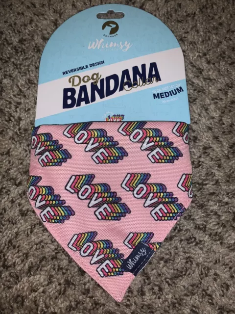 Dog Bandana Reversible Collar “LOVE Pink Rainbow Doghaus Whimsy Sz Medium