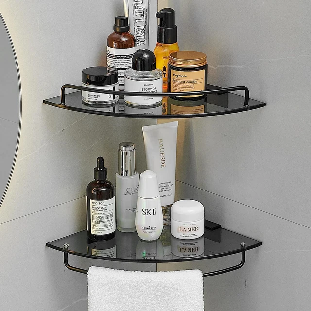 Glass Corner Shelf for Bathroom Corner Shower Shelf Black Tempered Glass
