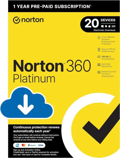 Norton 360 Platinum 2024 Antivirus für 20 Geräte 1 Jahr