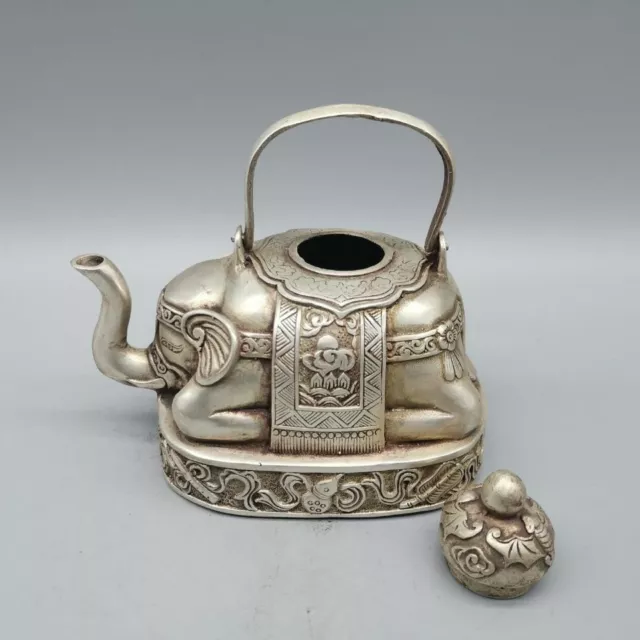 Big Tea pot Collectible Decorate Old Handwork Tibet Silver Carve Flower Elephant