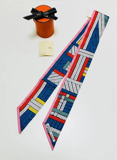 HERMES Twilly Stripe Design Silk Scarf in Cobalt Blue Pink Green