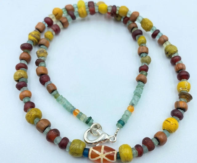 Antique Old Ancient Roman Glass Etched Painted Carnelian Bead Jewelry Necklace