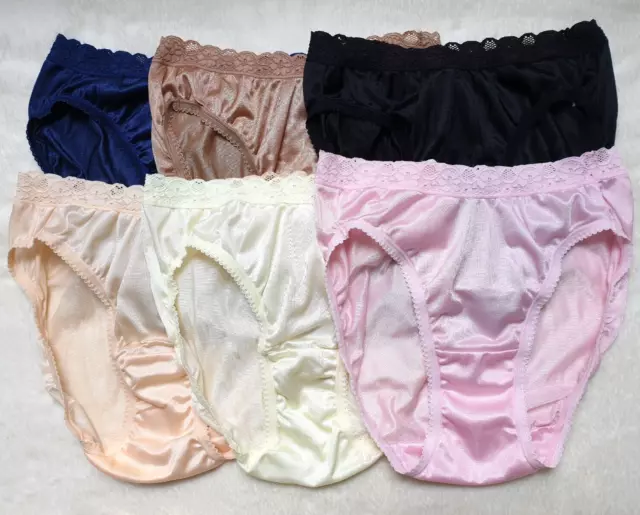 LOT OF 6 Vintage Panties Silky Nylon Lace Bikini High Leg Brief Sz