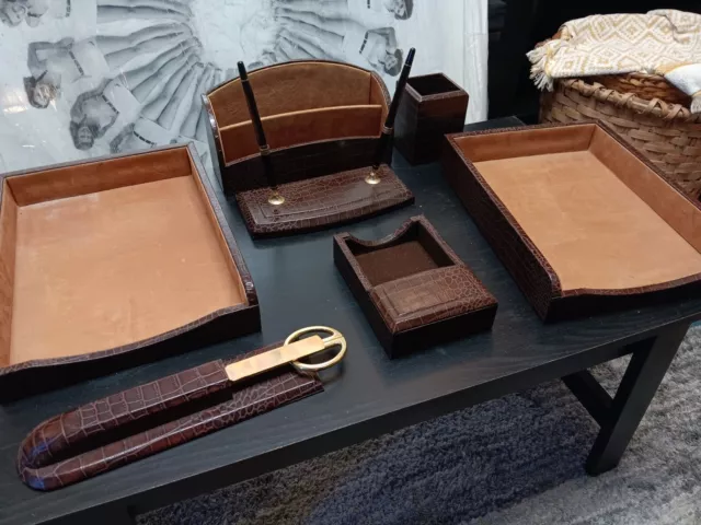 Vintage Style Dacasso 7 Piece Crocodile Embossed Leather Desk Set
