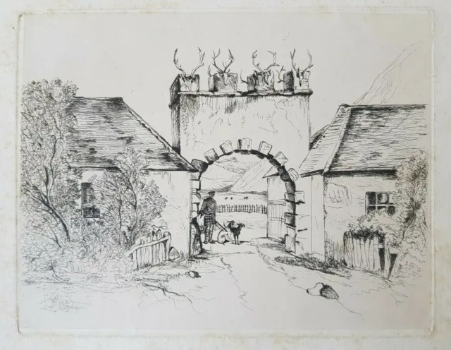 Scottish Man and Dogs at Hunting Lodge, antique early 20th century etching