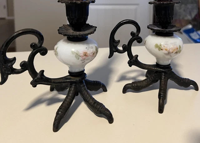 2/Pair Antique Claw Foot Candlesticks, bird talons. Cast Iron & Milk Glass.