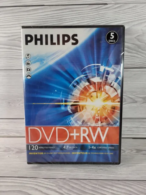 Philips Dvd + Rw (5 Confezione) 120 Minuti Video, 4,7 Gb Dati 1-4 X Velocità, Nuovo & Sigillato