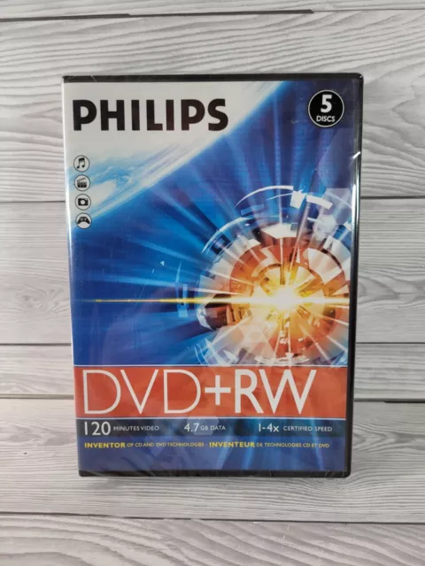 Philips Dvd + Rw (5 Confezione) 120 Minuti Video, 4,7 Gb Dati 1-4 X Velocità, Nuovo & Sigillato