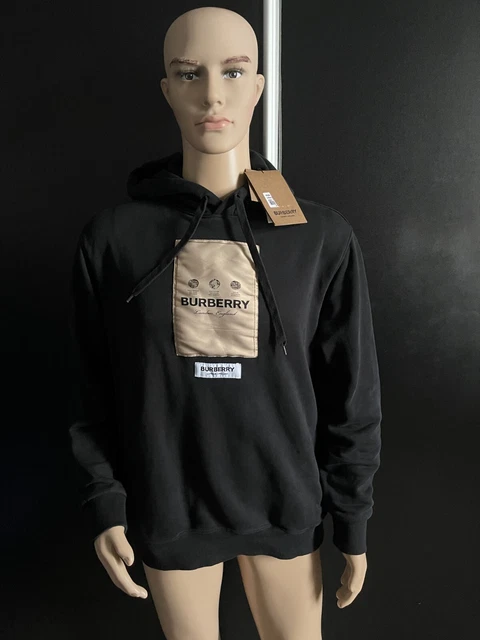 NUOVA felpa con cappuccio in cotone Burberry London taglia XL nera da uomo